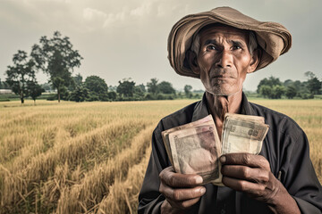 Ethnic Poor Farmer Holding Cash, generated AI, generated, AI