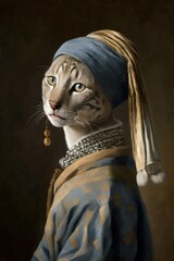 Kitty with a Pearl Earring: A Egyptian Mau cat Animal Fashionable Twist on a Classic Portrait, Girl with a Pearl Earring (generative AI)