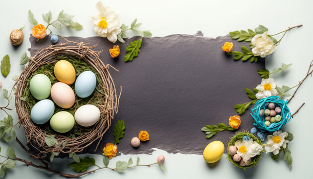 easter eggs and nest background with spring flowers, Easter Background
