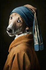 Pup with a Pearl Earring: A Greyhound dog Animal Fashionable Twist on a Classic Portrait, Girl with a Pearl Earring (generative AI)