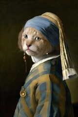 Kitty with a Pearl Earring: A Highland Fold cat Animal Fashionable Twist on a Classic Portrait, Girl with a Pearl Earring (generative AI)