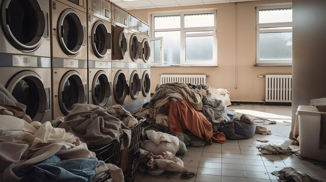A room filled with lots of clothes next to a dryer, Generative Ai