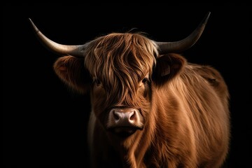 Brown Highland Cattle, Bos taurus taurus, with horns on its head. Domesticated cow isolated on black background looking at camera. Generative AI