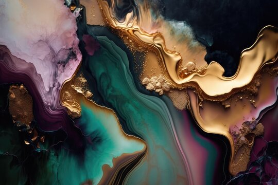 Dreamy abstract background, alcohol ink paiting. Golden accent color with green and pink presentation. Generative AI. 