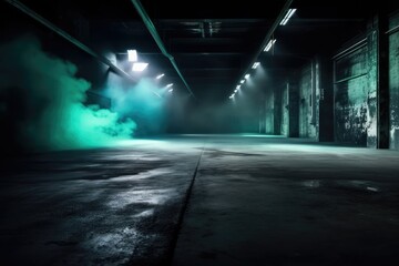 Dark roadway, asphalt, an empty scene in the shadows, neon lights, and spotlights The studio room's interior texture for product displays is smoke floating up from the concrete floor. Generative AI