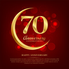 70 years anniversary with golden moon and red shiny background added with text for congratulations words