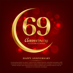 69 years anniversary with golden moon and red shiny background added with text for congratulations words
