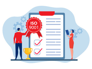 ISO 9001 system and international certification concept Team Business analysis with  passed standard quality control vector illustrator