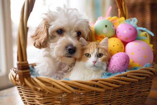 A adorable dog and kitten cuddled up next to a pretty straw Easter basket full with vibrant eggs. Generative AI