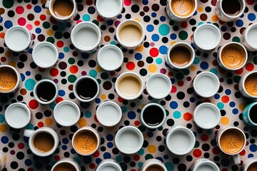 Coffee is in white cups against a colorful backdrop. Generative AI