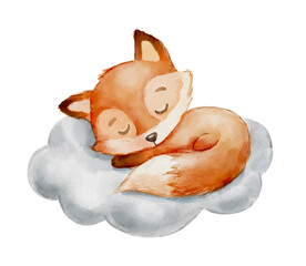 Cute dreaming fox on cloud. Cartoon hand drawn watercolor illustration. Baby animal isolated on white