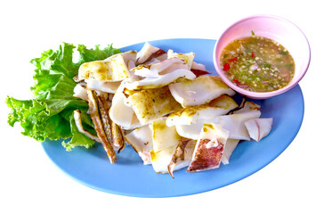 grilled squid on plate isolated