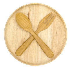 spoon and fork in wooden plate isolated