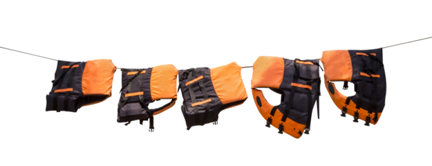 black orange life jacket on rope isolated