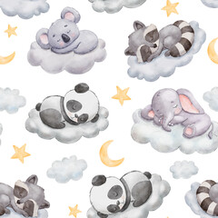 Watercolor seamless pattern for childish bed linen or pajamas. Cute dreaming animals pana, koala and elephant on cloud isolated on white © Elena