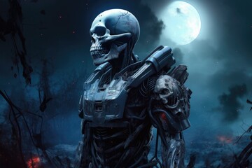 Cyberpunk soldier skull moon An illustration of a futuristic military robot warrior standing amidst debris in space has a huge, ominous human skull. moon. Generative AI