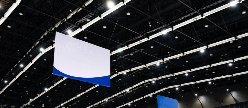 Roof Structure And Lighting In The Exhibition Hall Or Convention Center With Banner