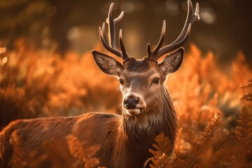 A Red deer (Cervus elaphus) up close and personal at dawn in the UK. Generative AI