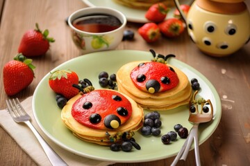 Breakfast for kids funny ladybug pancakes with fruit. Generative AI