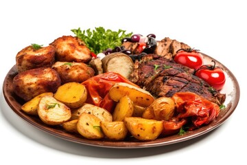 Cypriot cuisine. On a white background, grilled meat, vegetables, and potatoes were combined. Detailed view. Generative AI