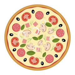 Vector drawing of pizza - top view. Pizza with mushrooms, cheese, sausage, ham, tomatoes, olives, onions, dill and lettuce leaves.
