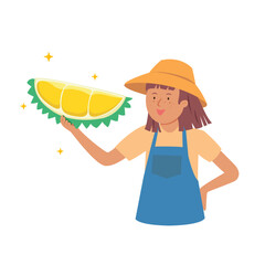 Yong woman holding durian, Farmer presenting durian, Summer tropical fruits for healthy.