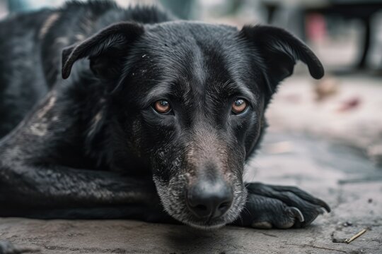 Animal welfare and abandoned animals are the focus of this image of a homeless black dog with sorrowful eyes lying on the ground in the street. Generative AI