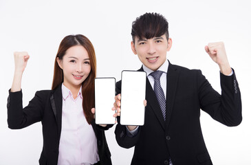  Business man and woman showing the smartphone with white screen
