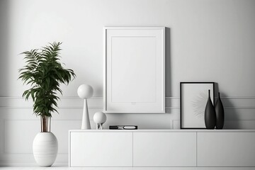 Empty white frame on wall in interior room. blank picture mockup for business background