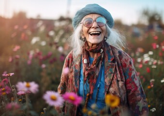 Portrait of smiling old hippie lady at flowers field. Concept of happiness. Generative AI.