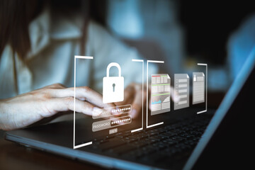 Concept of security data network, Prevent online identity theft, user and password login on visual screen.	