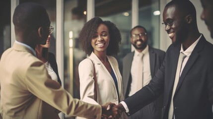 Professional Workplace Men Women: African American Black Receptionist Greeting with Confidence Friendliness in Business Setting, Diversity Equity Inclusion DEI Celebration (generative AI