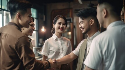 Professional Workplace Men Women: Asian Barber Greeting with Confidence Friendliness in Business Setting, Diversity Equity Inclusion DEI Celebration (generative AI