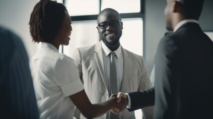 Professional Workplace Men Women: African American Black Teacher Greeting with Confidence Friendliness in Business Setting, Diversity Equity Inclusion DEI Celebration (generative AI
