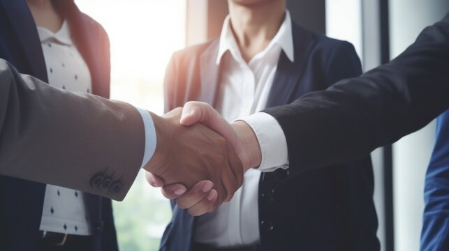 Professional Workplace Men Women: Asian Accountant Greeting with Confidence Friendliness in Business Setting, Diversity Equity Inclusion DEI Celebration (generative AI