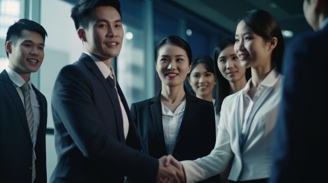 Professional Workplace Men Women: Asian Detective Greeting with Confidence Friendliness in Business Setting, Diversity Equity Inclusion DEI Celebration (generative AI