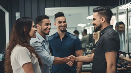 Professional Workplace Men Women: Hispanic Barber Greeting with Confidence Friendliness in Business Setting, Diversity Equity Inclusion DEI Celebration (generative AI