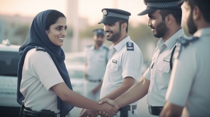 Professional Workplace Men Women: Middle Eastern Police officer Greeting with Confidence Friendliness in Business Setting, Diversity Equity Inclusion DEI Celebration (generative AI