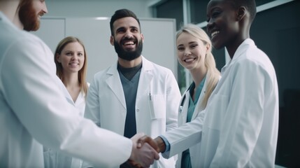 Fototapeta premium Professional Workplace Men Women: Multiracial Dentist Greeting with Confidence Friendliness in Business Setting, Diversity Equity Inclusion DEI Celebration (generative AI