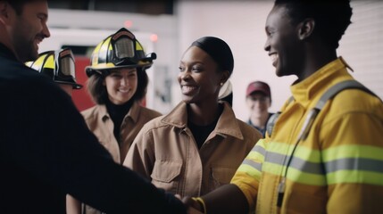 Obraz premium Professional Workplace Men Women: Multiracial Firefighter Greeting with Confidence Friendliness in Business Setting, Diversity Equity Inclusion DEI Celebration (generative AI