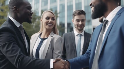 Professional Workplace Men Women: Multiracial Politician Greeting with Confidence Friendliness in Business Setting, Diversity Equity Inclusion DEI Celebration (generative AI