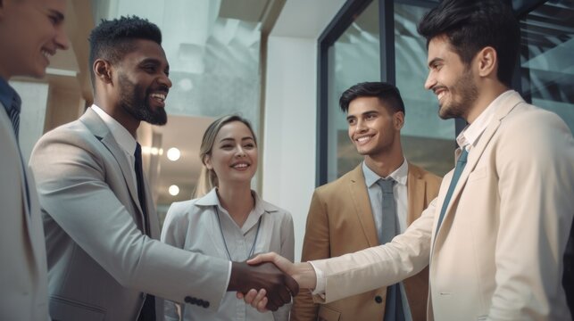 Professional Workplace Men Women: Multiracial Receptionist Greeting with Confidence Friendliness in Business Setting, Diversity Equity Inclusion DEI Celebration (generative AI - Powered by Adobe