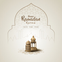 islamic greeting ramadan kareem card design with beautiful lanterns