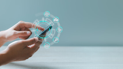 Pointing finger on smartphone of computer coding AI network futuristic future digital technology. AI learning and business artificial intelligence transformation of ideas of technology in business.