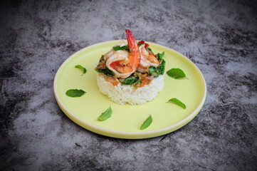 Spicy fried shrimp with holy basil and Rice