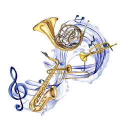 Musical symbols and wind musical instruments watercolor illustration isolated on white. © Ekaterina Lanbina
