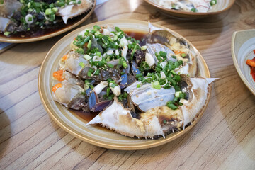 Soy Sauce Marinated Crab with Green Onion.