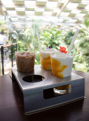 Iced Chocolate latte and  Mango smoothies with plants in coffee shop. botanical garden concept. Close up and Soft focus.