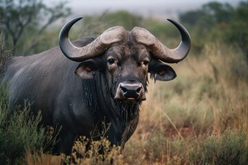 Naklejka premium a photograph of a Cape Buffalo seen in South Africa during a safari. Generative AI