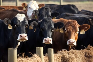 Cattle in a pen eating hay at Greystones Farm in the Cotswolds, England. Generative AI